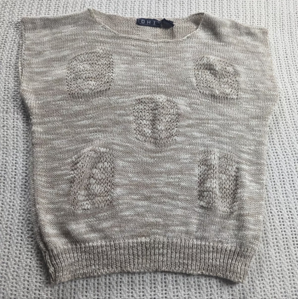 Vintage OHI Beige Tan Knit Top Women's Large Cap Sleeves Textured Marled Pattern